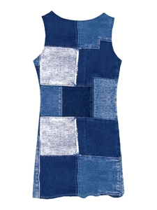 Detailed view of sleeveless bodycon dress with vintage denim patchwork print design