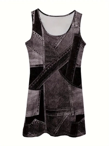 Detail of vintage denim print and seam stitching on a sleeveless long dress