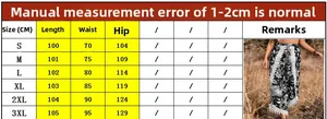 Tableau des tailles détaillé pour pantalon large imprimé avec mesures de longueur et de taille