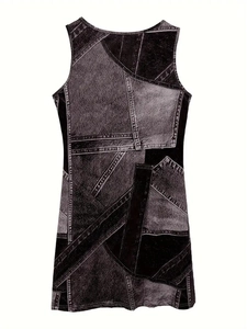 Detail of retro denim print texture on a sleeveless round neck casual dress