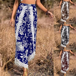 Pantalon Large Bohémien pour Femmes avec Imprimé Paisley Floral Bordure en Dentelle Glands Taille Haute Ample Décontracté