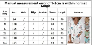 Detailed size chart for V-neck floral print long sleeve blouse from S to 3XL