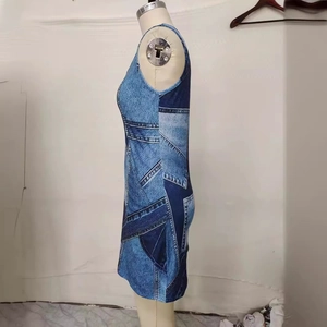Detailed side view of sleeveless bodycon dress with blue denim patchwork print texture