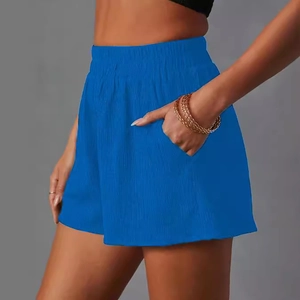 Women's bright blue loose-fit casual summer shorts with elastic high waist and side pockets