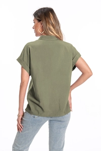 Rear view of an olive green cotton linen short sleeve shirt with button-down collar