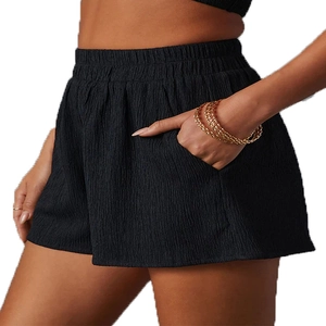 Women's black crinkle fabric high-waist loose sports shorts with side pockets