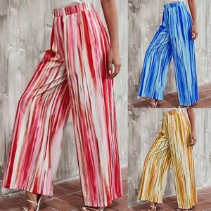 Women High Waist Wide Leg Pants Vertical Striped Print Loose Casual Trousers Polyester Elastic Waist Vacation Beach Wear
