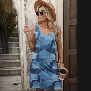 Summer sleeveless mini dress featuring trendy blue denim patchwork print and round neck
