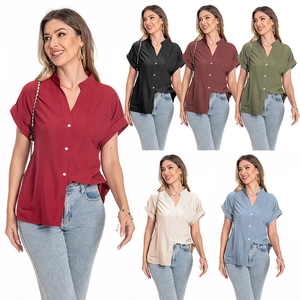Women's Casual Short Sleeve V-Neck Button Down Shirt With Pocket Cotton Blend Lightweight Loose Summer Blouse Top