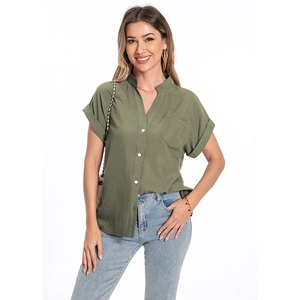 Women's olive green cotton linen short sleeve shirt with v-neck and chest pocket