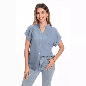 Women's light blue short sleeve cotton linen loose casual shirt with white buttons