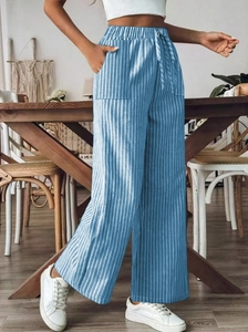 Relaxed high-waisted blue and white striped wide-leg trousers with functional drawstring