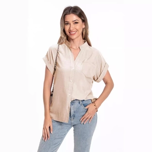 Elegant champagne gold satin short sleeve blouse for women with V-neck and button closure