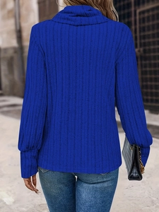 Vista dettagliata del retro di un maglione blu reale a collo alto con trama a costine