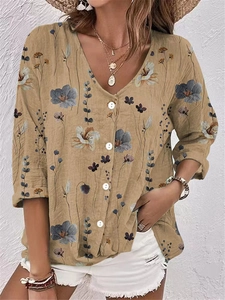 Women's V-neck floral print button-down blouse in khaki with bohemian style design