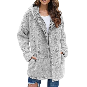 Cappotto con cappuccio oversize in sherpa grigio chiaro da donna con tasche