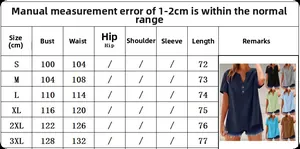 Detailed size chart for women's V-neck cotton linen tops ranging from S to 3XL sizes