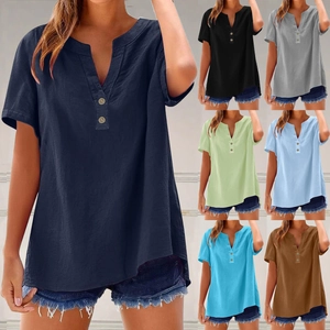 Detail of V-neck cotton linen casual shirt with wood buttons in multiple color options