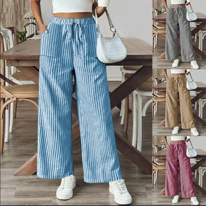 Women Casual Striped Wide Leg Pants High Waist Elastic Drawstring Straight Leg Trousers Streetwear Daily Fashion Bottoms