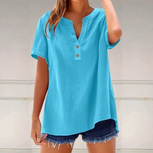 Detail of light blue short-sleeved cotton linen shirt with V-neck and button closure