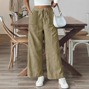 Women high waisted striped wide leg pants with elastic waist and drawstring detail