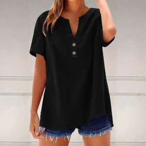 Detail of loose black cotton linen top with V-neckline and button accents for summer