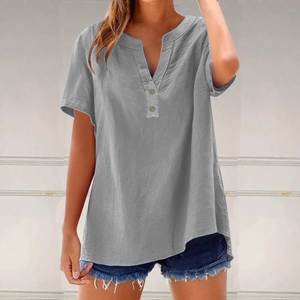 Detail of grey short sleeve Henley top featuring V-neckline and rustic wooden buttons