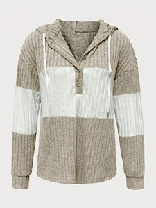 Détails du sweat à capuche bicolore en maille avec boutons et texture côtelée pour femmes