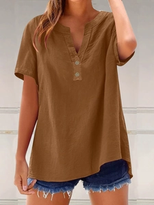 Women Casual Short Sleeve T-Shirt V Neck Henley Top With Button Decoration Loose Fit Linen Look Summer Daily Blouse