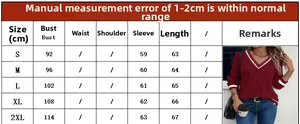 Size chart detail for women's V-neck long sleeve top with chest and length measurements