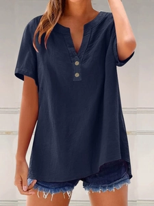 Women's dark blue cotton linen V-neck loose shirt paired with denim shorts