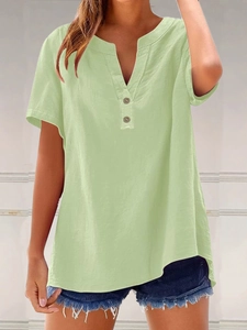 Relaxed fit light green cotton linen Henley shirt with short sleeves and button collar