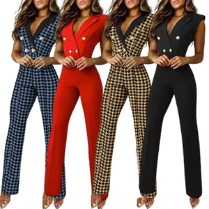 Women Sleeveless V-Neck Houndstooth Jumpsuit Double Breasted Button Fashion Slim Fit Professional Office Casual Long Overalls