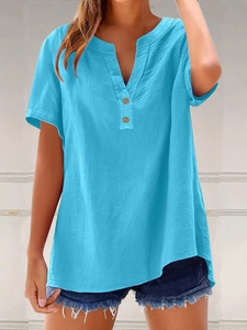 Relaxed fit lake blue cotton linen V-neck short sleeve shirt with vintage wooden buttons