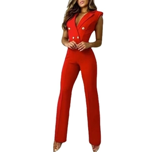 Women's V-neck sleeveless jumpsuit with houndstooth contrast and double-breasted buttons