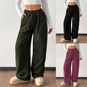 Women High Waist Corduroy Wide Leg Pants Casual Drawstring Trousers With Pockets Loose Straight Leg Long Pants Retro Bottoms