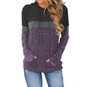 Women's tri-color color-block hoodie in charcoal, dark grey, and purple textured knit