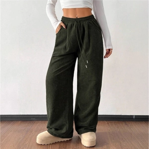 Women's high waist olive green corduroy wide leg trousers with drawstring and pockets