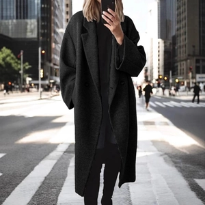 Chic black wool blend long coat with notch lapels and classic two-button closure
