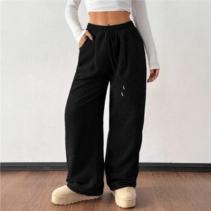Women's high waist wide leg corduroy pants with drawstring and side pockets in black