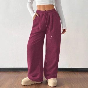 Women's high waist burgundy corduroy wide leg trousers with drawstring and side pockets