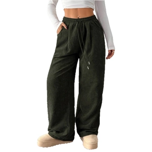 Women's dark green corduroy wide-leg trousers with elastic drawstring waist and pockets