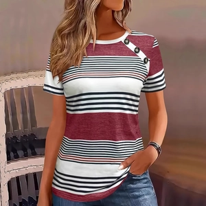 Women's striped short sleeve T-shirt with nautical buttons and color block crew neck style