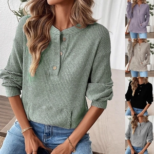 Women's rib-knit long sleeve Henley shirt with buttons and front pocket in five colors
