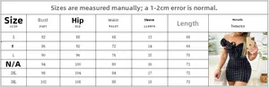 Size chart for plaid off-shoulder mini dress with bust, hip and waist measurements
