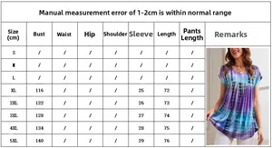 Size chart for women's oversized tie-dye print T-shirt showing detailed measurements