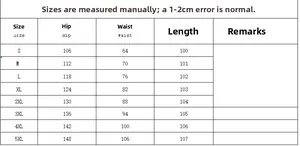 Detailed size chart for women's jacquard pants ranging from S to 5XL with measurements