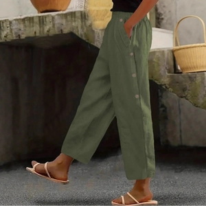 Women's Casual Loose Pants Elastic Waist Vintage Wood Button Pocket Straight Leg Trousers Plus Size Ankle Length Bottoms