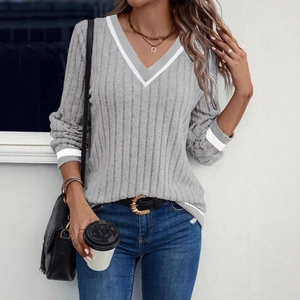 Casual light gray V-neck knit top with white contrast trim and stylish long sleeves