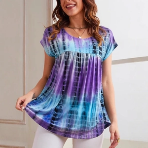 Women's 2025 summer short sleeve crew neck T-shirt with blue purple tie-dye pleated design